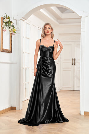 Trumpet/Mermaid Sweetheart Neck Spaghetti Straps Sweep Train Satin Prom Dresses With Silt