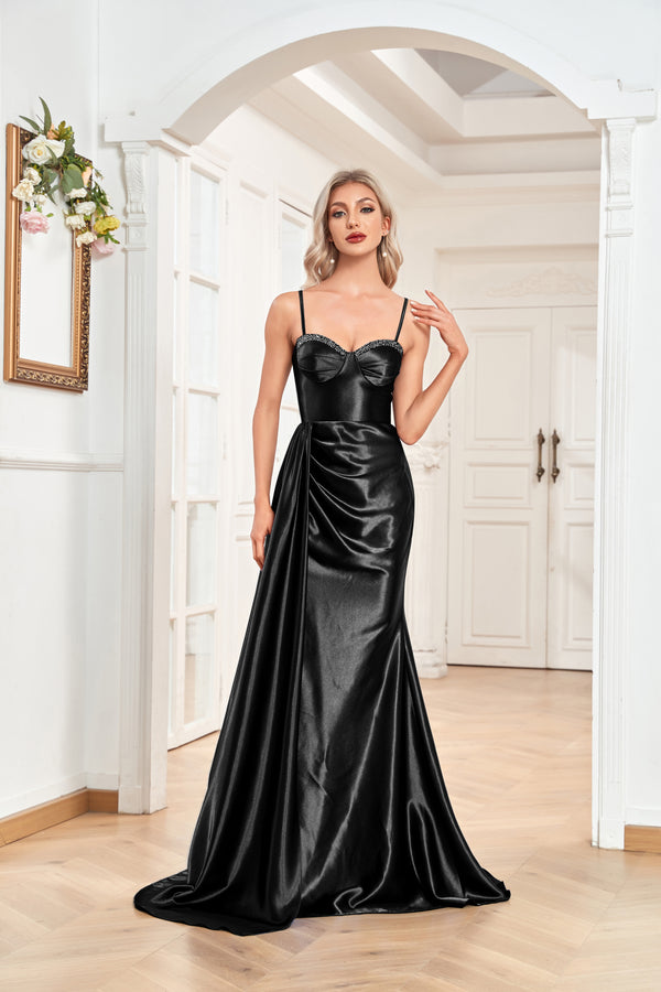 Trumpet/Mermaid Sweetheart Neck Spaghetti Straps Sweep Train Satin Prom Dresses With Silt