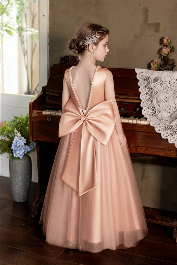 Ball-Gown/Princess V-Neck Floor-Length Tulle/Satin Flower Girl Dress With Bow