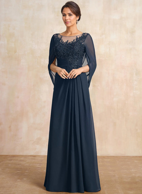 A-line Scoop Illusion Floor-Length Lace Chiffon Mother of the Bride Dress With Sequins Pleated