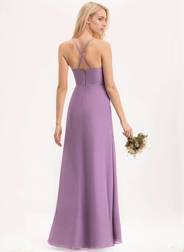 A-line V-Neck Floor-Length Chiffon Bridesmaid Dress With Ruffle