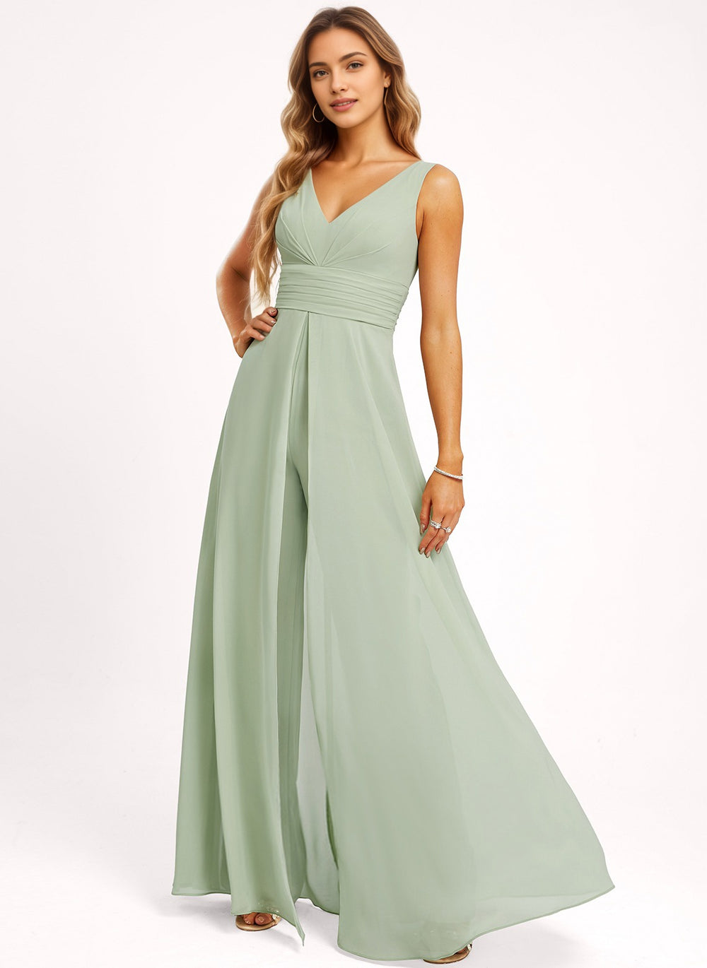 Jumpsuits V-Neck Floor-Length Chiffon Bridesmaid Dress With Ruffle