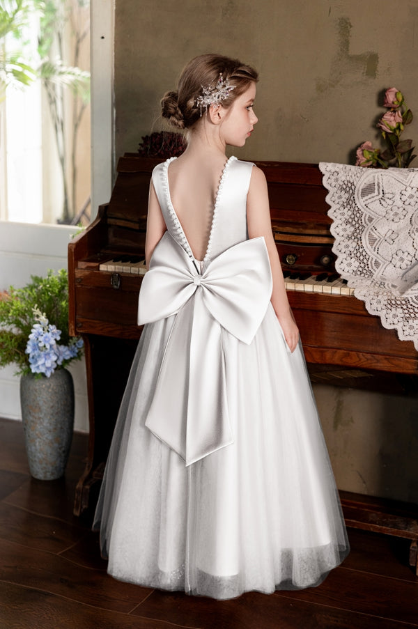 Ball-Gown/Princess V-Neck Floor-Length Tulle/Satin Flower Girl Dress With Bow