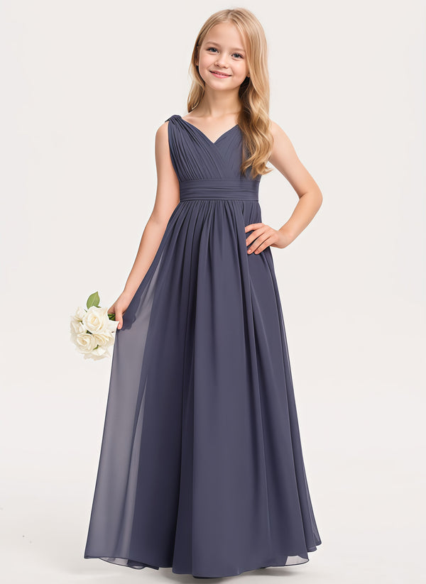 A-line V-Neck Floor-Length Chiffon Junior Bridesmaid Dress