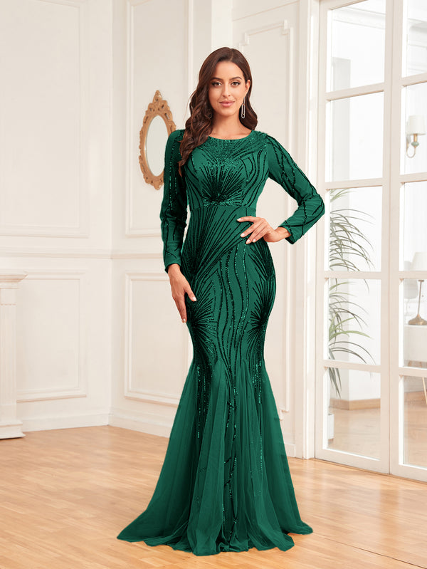 Scoop Sequin Tulle Mermaid/Trumpet Long Sleevess Sweep Train Empire Waist Prom Dress