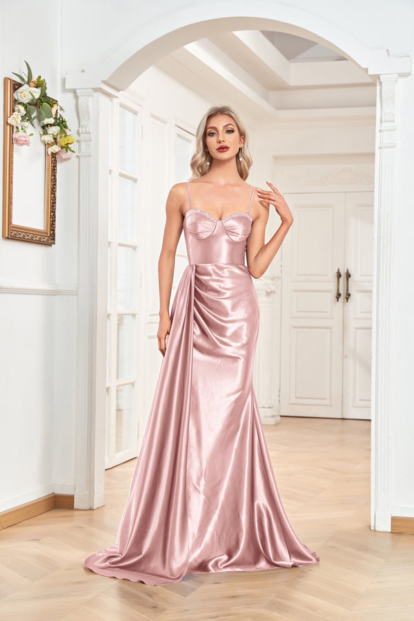 Trumpet/Mermaid Sweetheart Neck Spaghetti Straps Sweep Train Satin Prom Dresses With Silt