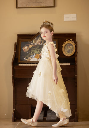 Ball-Gown/Princess V-Neck Asymmetrical Tulle Flower Girl Dress With Beading/3D Floral/Bow