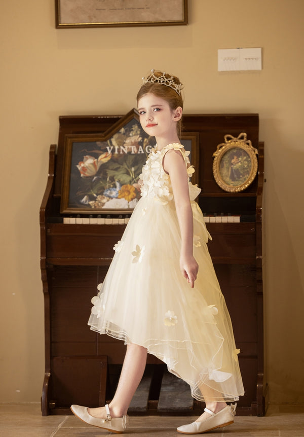Ball-Gown/Princess V-Neck Asymmetrical Tulle Flower Girl Dress With Beading/3D Floral/Bow