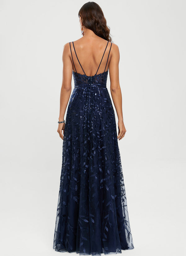 A-line V-Neck Floor-Length Lace Prom Dresses With Sequins