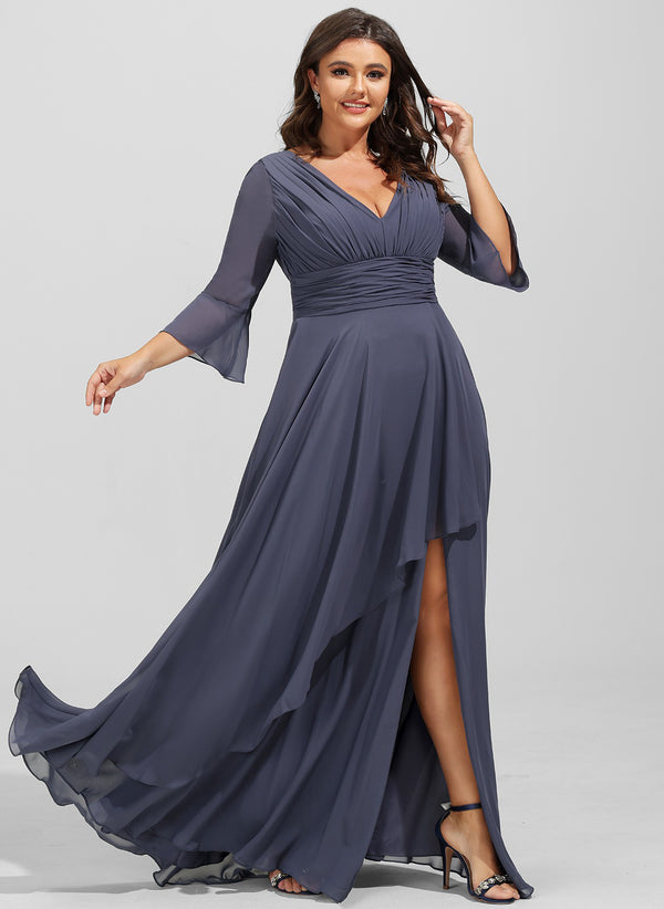 A-line V-Neck Floor-Length Chiffon Mother of the Bride Dress With Cascading Ruffles