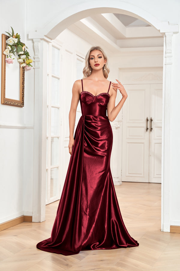 Trumpet/Mermaid Sweetheart Neck Spaghetti Straps Sweep Train Satin Prom Dresses With Silt