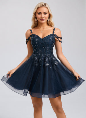 A-line Sweetheart Short Tulle Lace Homecoming Dress With Sequins