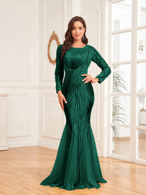 Scoop Sequin Tulle Mermaid/Trumpet Long Sleevess Sweep Train Empire Waist Prom Dress