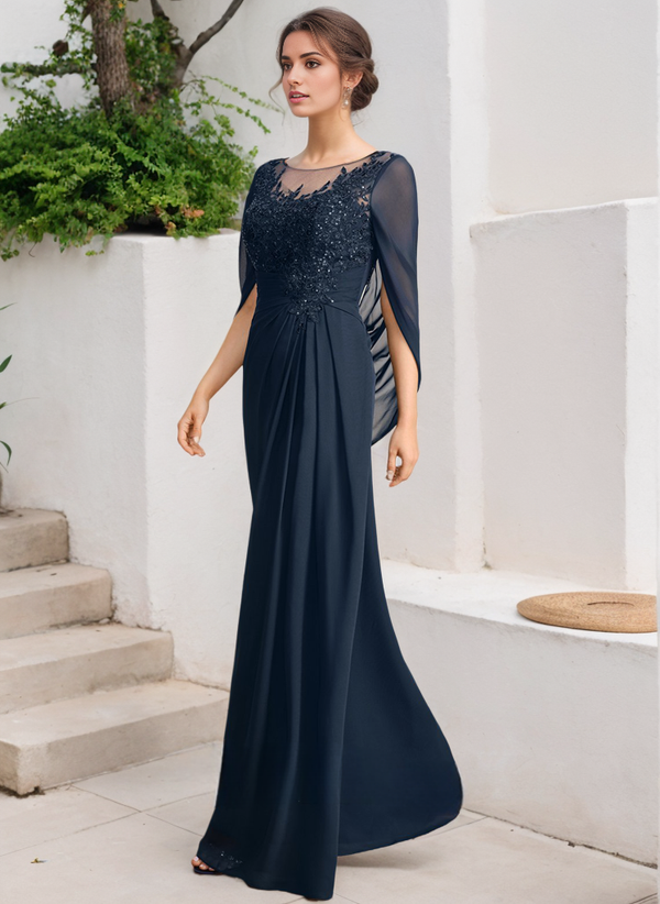 A-line Scoop Illusion Floor-Length Lace Chiffon Mother of the Bride Dress With Sequins Pleated