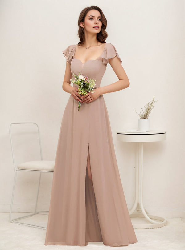 A-line V-Neck Floor-Length Chiffon Bridesmaid Dress With Ruffle