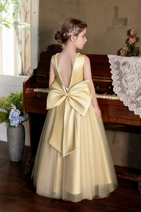 Ball-Gown/Princess V-Neck Floor-Length Tulle/Satin Flower Girl Dress With Bow