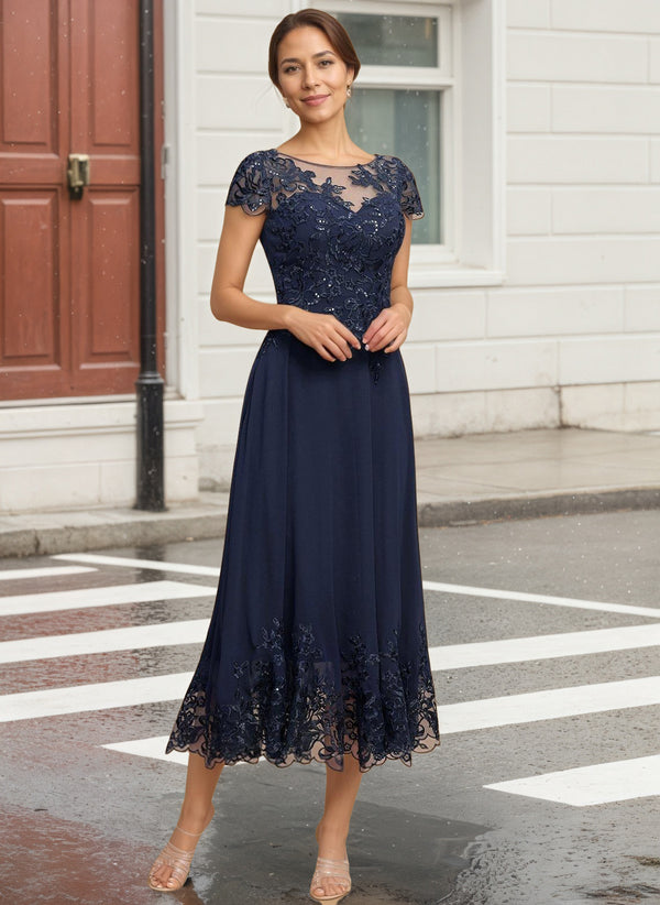 A-line Scoop Illusion Tea-Length Lace Chiffon Mother of the Bride Dress With Sequins