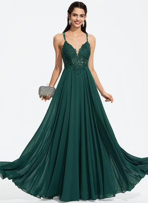 A-line V-Neck Floor-Length Chiffon Prom Dresses With Beading Sequins