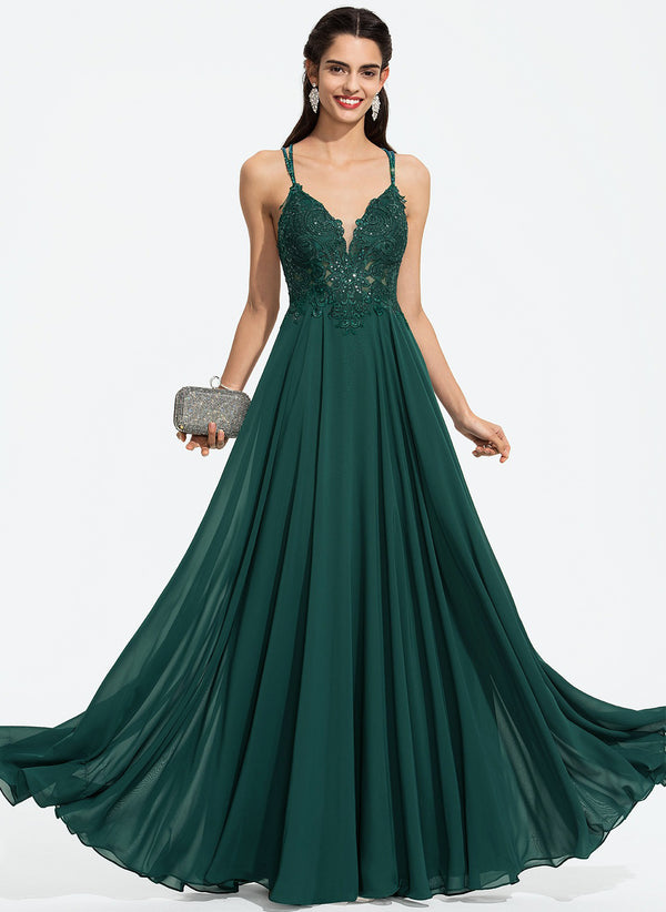 A-line V-Neck Floor-Length Chiffon Prom Dresses With Beading Sequins
