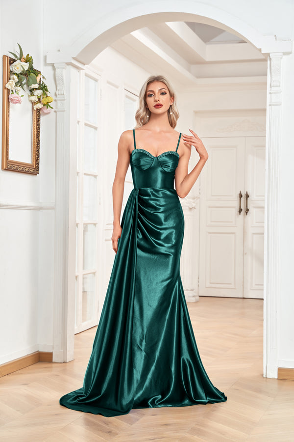 Trumpet/Mermaid Sweetheart Neck Spaghetti Straps Sweep Train Satin Prom Dresses With Silt