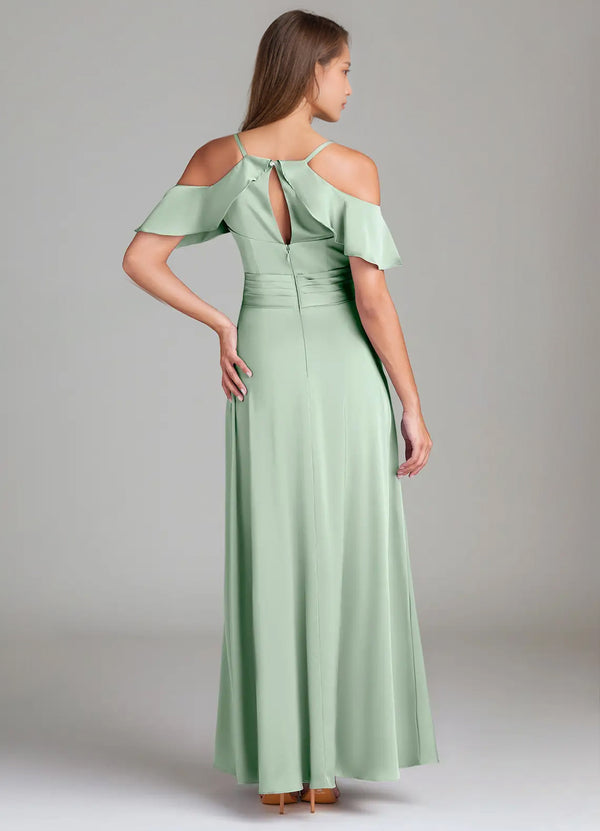 A-line Cold Shoulder Floor-Length Satin Bridesmaid Dress With Ruffle