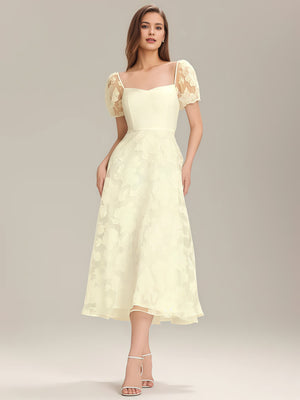 Square Puff Sleeve A-line Chiffon Jacquard Midi Dress