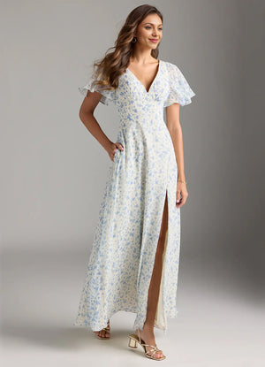 A-line V-Neck Floor-Length Chiffon Floral Bridesmaid Dress