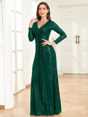 Sequin V-Neck Long Sleeves A-Line Floor Length Prom/Evening Dress