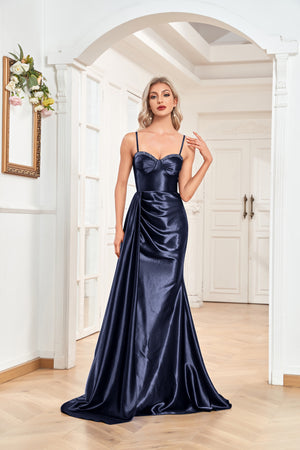 Trumpet/Mermaid Sweetheart Neck Spaghetti Straps Sweep Train Satin Prom Dresses With Silt