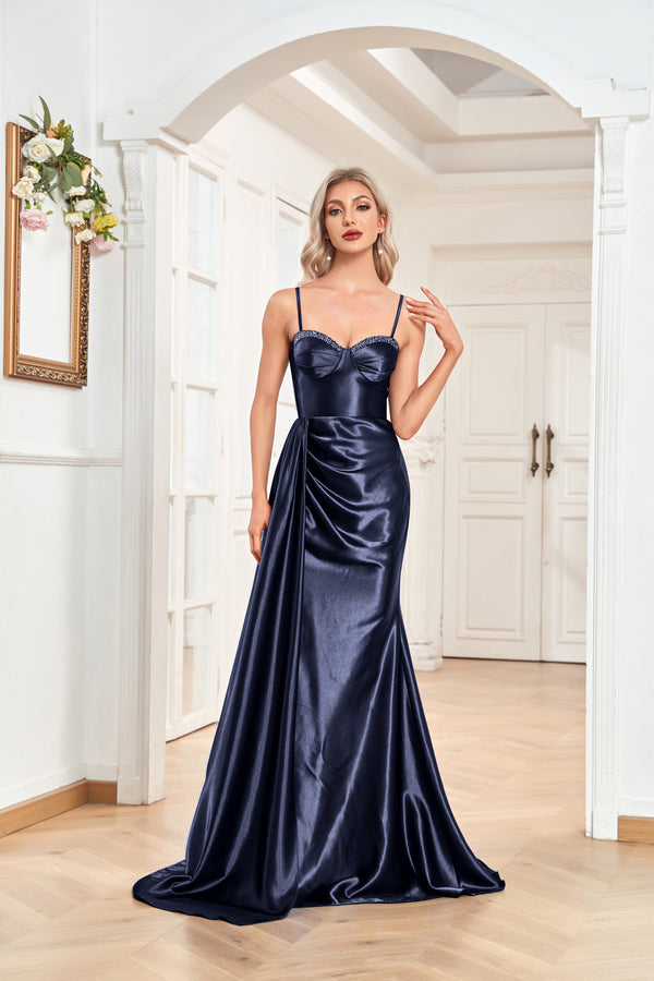 Trumpet/Mermaid Sweetheart Neck Spaghetti Straps Sweep Train Satin Prom Dresses With Silt