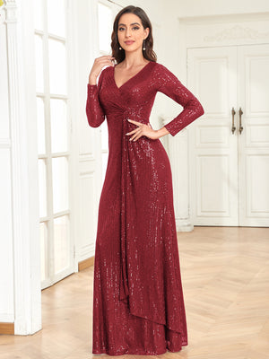 Sequin V-Neck Long Sleeves A-Line Floor Length Prom/Evening Dress
