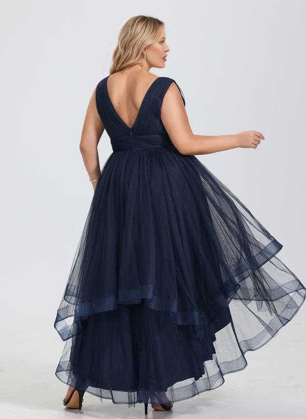 A-line V-Neck Asymmetrical Tulle Cocktail Dress With Cascading Ruffles Pleated