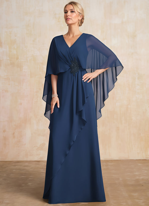 A-line V-Neck Floor-Length Chiffon Mother of the Bride Dress With Cascading Ruffles Beading