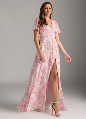 A-line V-Neck Floor-Length Chiffon Floral Bridesmaid Dress