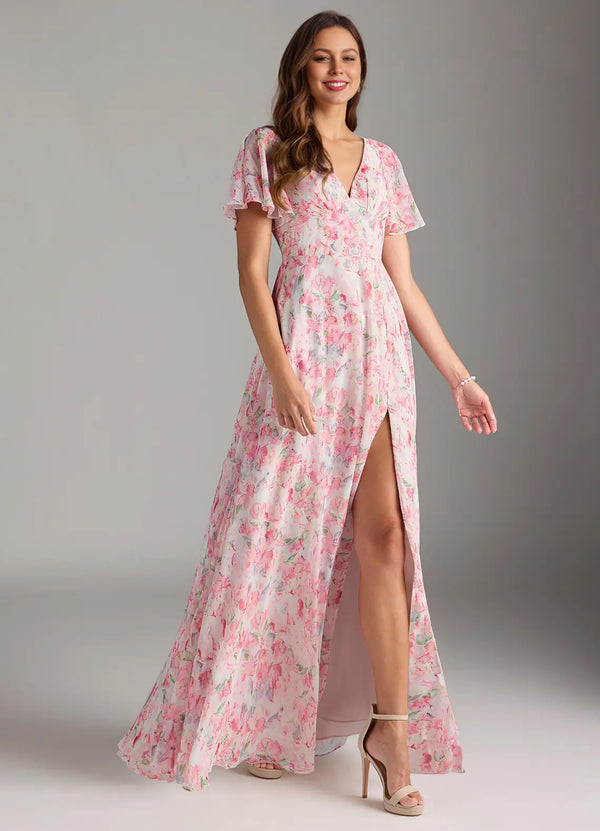 A-line V-Neck Floor-Length Chiffon Floral Bridesmaid Dress