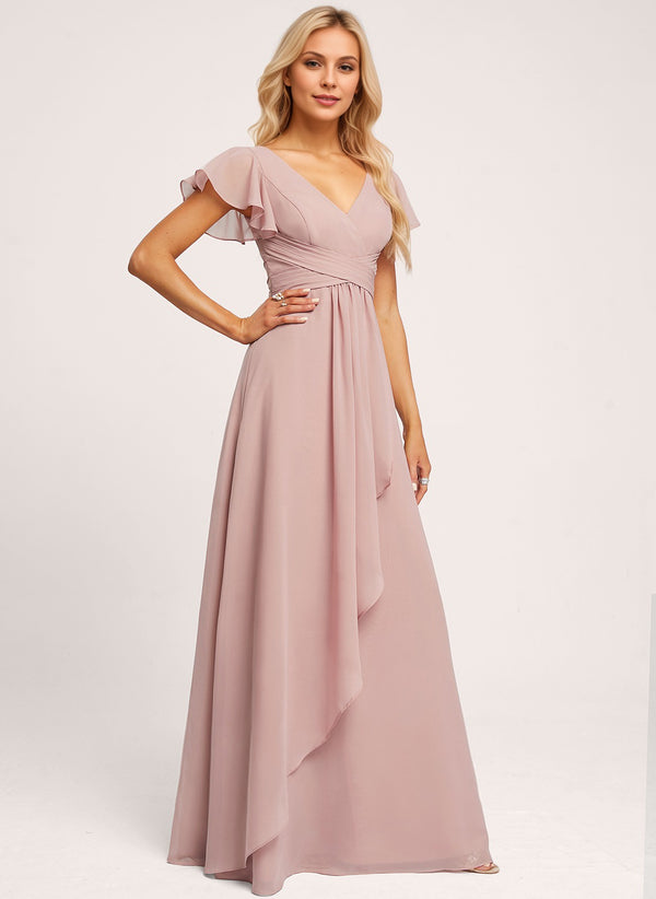 A-line V-Neck Floor-Length Chiffon Bridesmaid Dress With Ruffle
