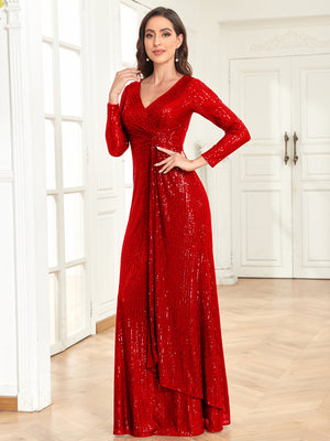 Sequin V-Neck Long Sleeves A-Line Floor Length Prom/Evening Dress