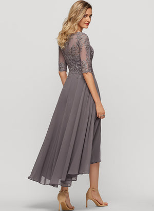 A-line Illusion Boat Neck Asymmetrical Chiffon Lace Mother of the Bride Dress With Sequins Beading