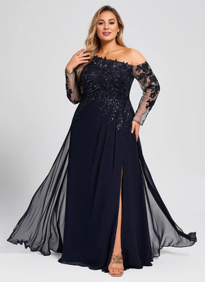 Trumpet/Mermaid Asymmetrical Illusion Floor-Length Lace Chiffon Evening Dress With Sequins