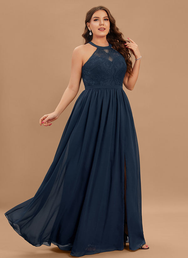 A-line Scoop Floor-Length Lace Chiffon Bridesmaid Dress