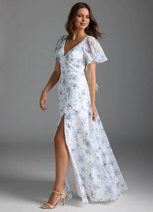 A-line V-Neck Floor-Length Chiffon Floral Bridesmaid Dress