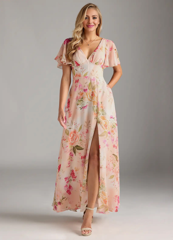 A-line V-Neck Floor-Length Chiffon Bridesmaid Dress With Ruffle