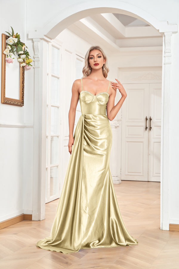 Trumpet/Mermaid Sweetheart Neck Spaghetti Straps Sweep Train Satin Prom Dresses With Silt