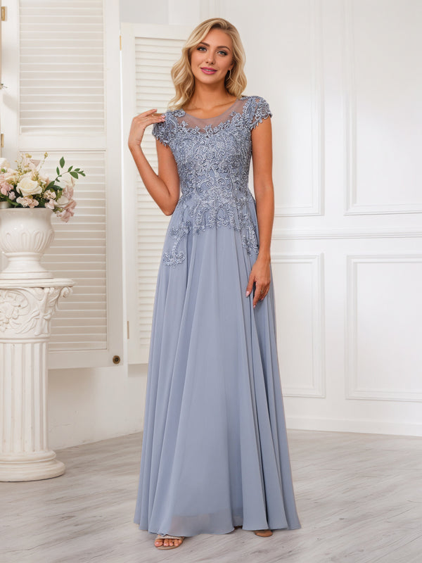 A-line Scoop Illusion Floor-Length Lace Chiffon Mother of the Bride Dress With Sequins