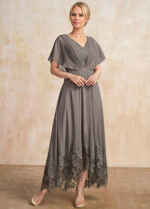 A-line Scoop Illusion Ankle-Length Lace Chiffon Mother of the Bride Dress With Sequins