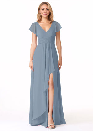 A-line V-Neck Floor-Length Chiffon Bridesmaid Dress With Ruffle