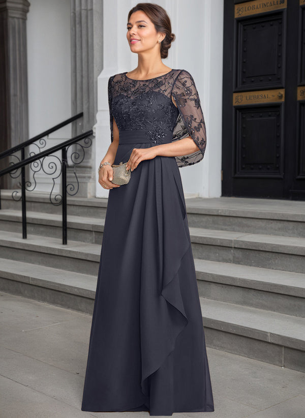 A-line Scoop Illusion Lace Chiffon Mother of the Bride Dress With Cascading Ruffles Sequins