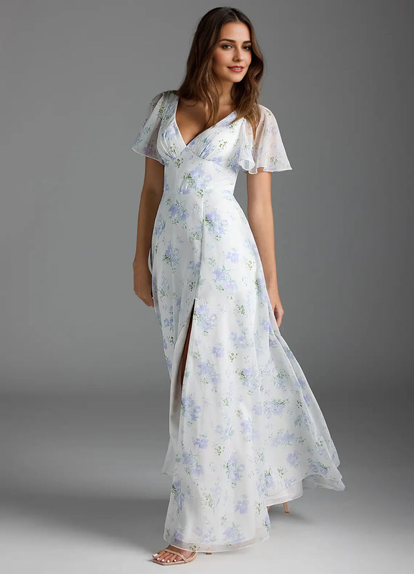 A-line V-Neck Floor-Length Chiffon Floral Bridesmaid Dress