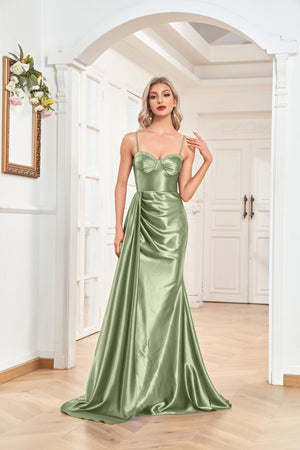 Trumpet/Mermaid Sweetheart Neck Spaghetti Straps Sweep Train Satin Prom Dresses With Silt