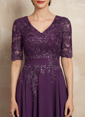 A-line V-Neck Tea-Length Lace Chiffon Mother of the Bride Dress With Sequins